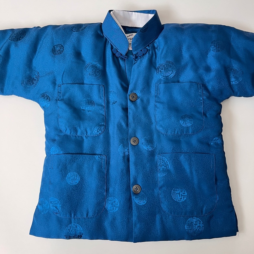 Vintage 100% Silk Quilted Puffer Jacket Kids Toddler Teal Blue Asian Traditional